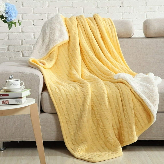 Flxxie Cotton Cable Knitted Throw Blanket, Sherpa Fleece Throw Blanket Dual Sided (Yellow, 51" x 67")