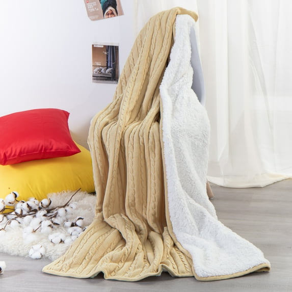 Flxxie Cotton Cable Knitted Twin Blanket, Sherpa Fleece Twin Blanket Dual Sided (Khaki, 60" x 80")