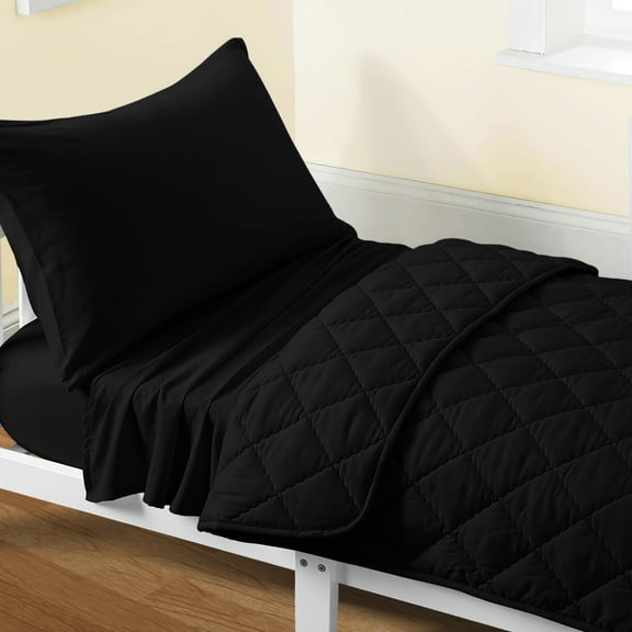 Flxxie Microfiber Toddler Bedding Set, Soft and Easy Care Crib Sheet Set, Includes Quilted Comforter, Flat Top Sheet, Fitted Sheet, Envelope Pillow Case for Boys and Girls, Black, 4 Pieces