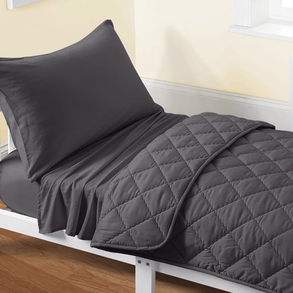 Flxxie Microfiber Toddler Bedding Set, Soft and Easy Care Crib Sheet Set, Includes Quilted Comforter, Flat Top Sheet, Fitted Sheet, Envelope Pillow Case for Boys and Girls, Dark Gray, 4 Pieces