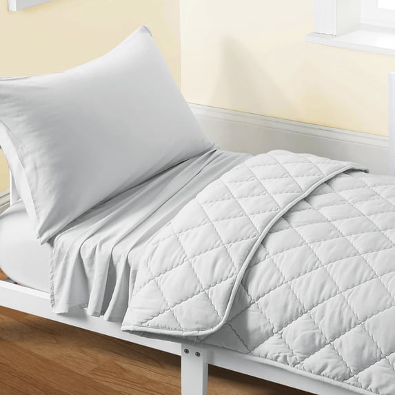 Flxxie Microfiber Toddler Bedding Set, Soft and Easy Care Crib Sheet Set, Includes Quilted Comforter, Flat Top Sheet, Fitted Sheet, Envelope Pillow Case for Boys and Girls, Light Gray, 4 Pieces