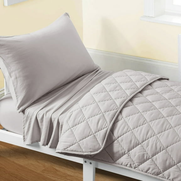 Flxxie Microfiber Toddler Bedding Set, Soft and Easy Care Crib Sheet Set, Includes Quilted Comforter, Flat Top Sheet, Fitted Sheet, Envelope Pillow Case for Boys and Girls, Smoke Gray, 4 Pieces