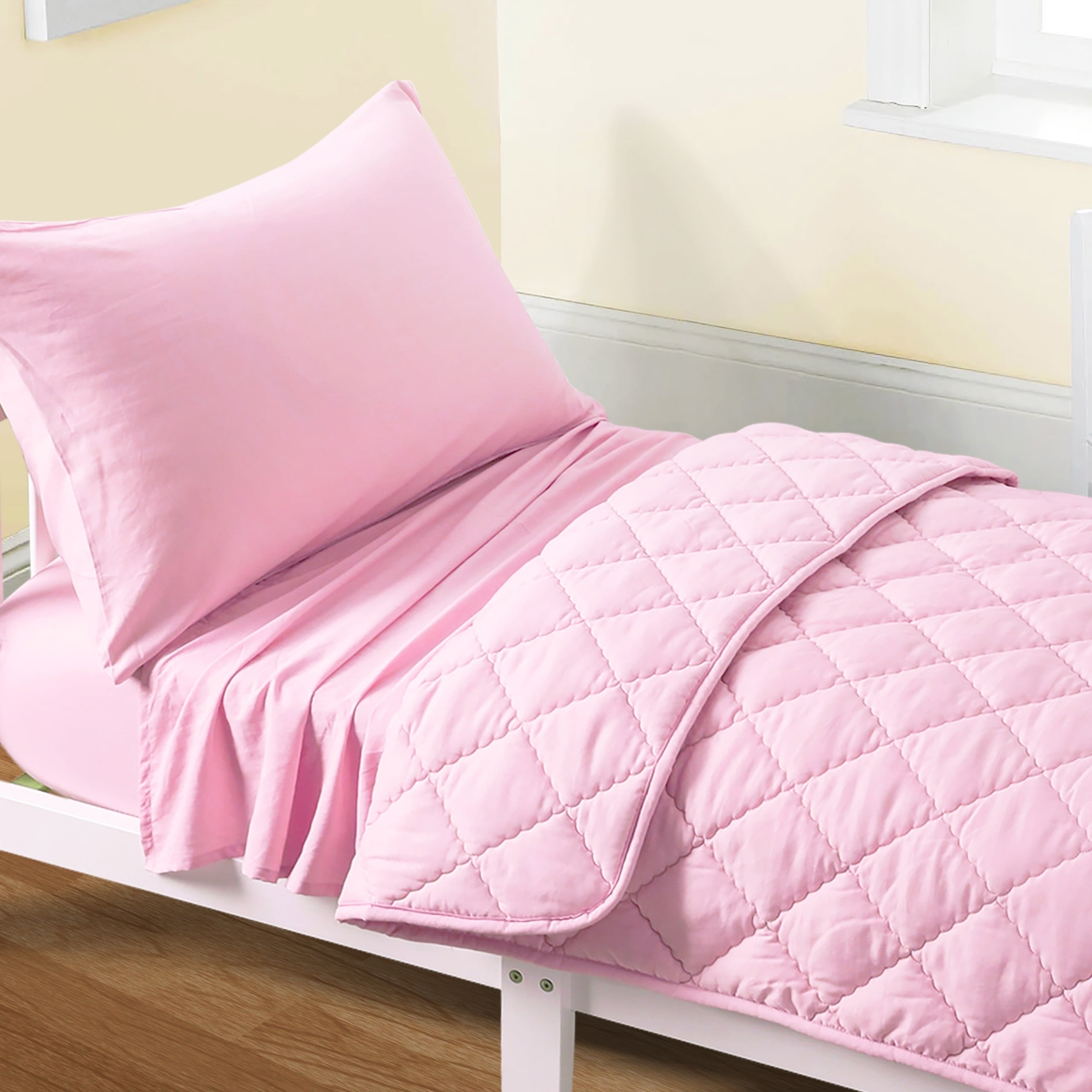 Flxxie Microfiber Toddler Bedding Set, Soft and Easy Care Crib Sheet Set, Includes Quilted Comforter, Flat Top Sheet, Fitted Sheet, Envelope Pillow Case for Boys and Girls, Pink, 4 Pieces
