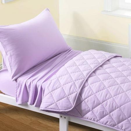 Flxxie Microfiber Toddler Bedding Set, Soft and Easy Care Crib Sheet Set, Includes Quilted Comforter, Flat Top Sheet, Fitted Sheet, Envelope Pillow Case for Boys and Girls, Light Purple, 4 Pieces