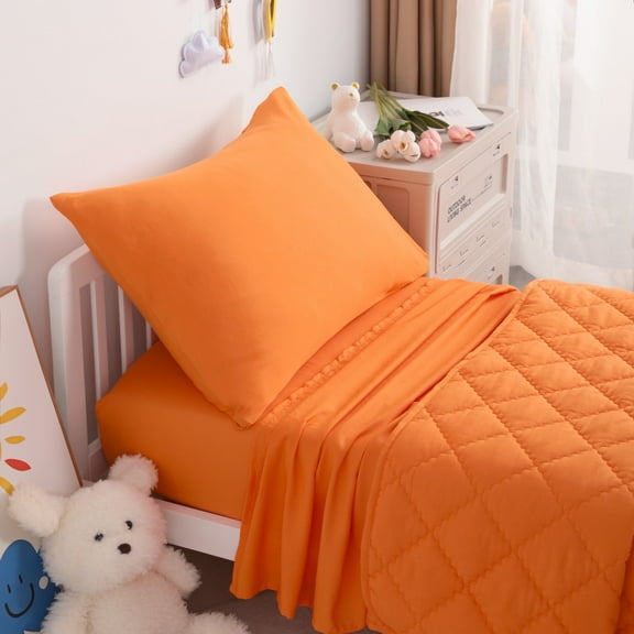 Flxxie Microfiber Toddler Bedding Set, Soft and Easy Care Crib Sheet Set, Includes Quilted Comforter, Flat Top Sheet, Fitted Sheet, Envelope Pillow Case for Boys and Girls, Orange, 4 Pieces