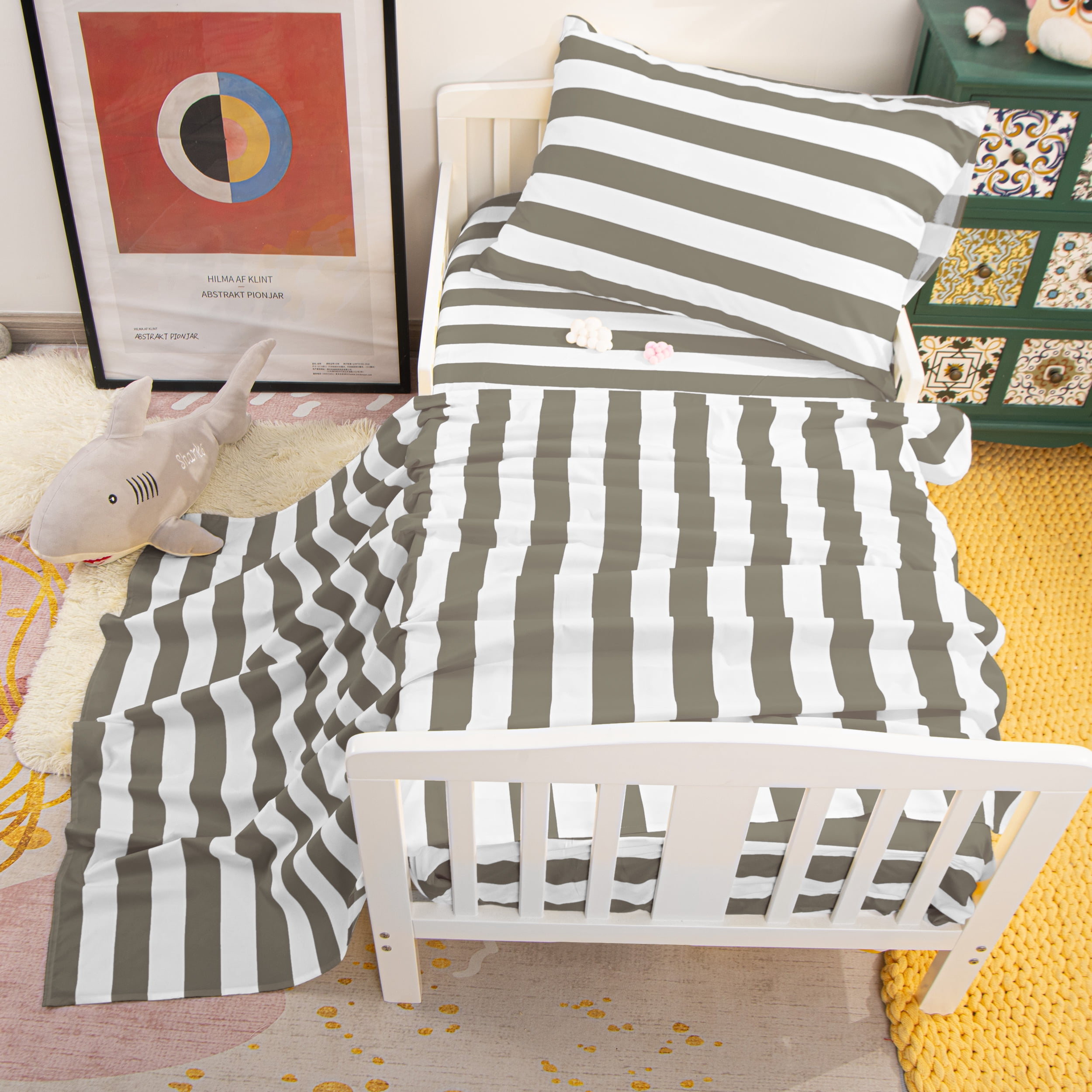 Flxxie Microfiber Toddler Sheet Set, Soft Crib Fitted Sheet Flat Sheet and Envelope Pillowcase, Baby Bedding Sheet & Pillowcase Sets, Gray Stripe, 3 Piece