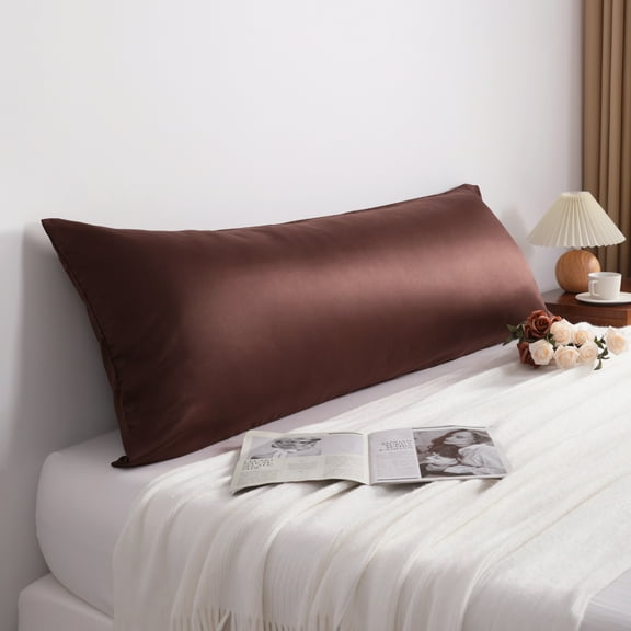 Flxxie Satin Silky Slip Cooling Body Pillowcase, Body Pillow Cover with Hidden Zipper, 20x54 Inches, Dark Brown