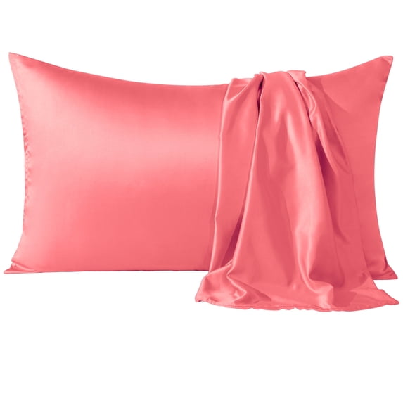 Flxxie Satin Pillowcases with Hidden Zipper for Hair and Skin, Breathable Cooling Pillow Cases, Coral Pink, Standard 20"X26", 2 Pack