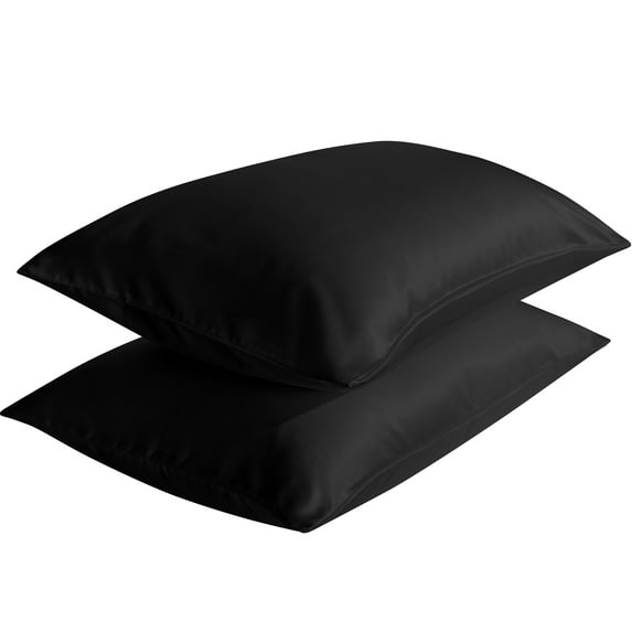 Flxxie Satin Pillowcases with Zipper Silky Soft Sateen Pillow Cases Covers Set of 2 (Standard, Black)