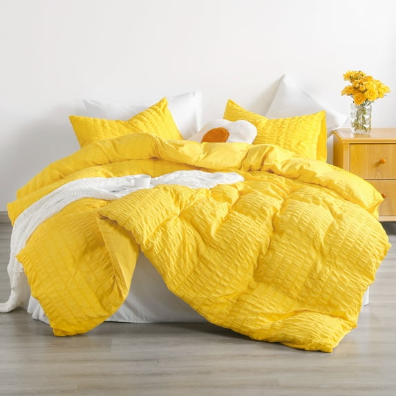 Flxxie Seersucker Textured Duvet Cover Pillow Sham Set with Corner Ties, Queen, Yellow, 3-Pieces