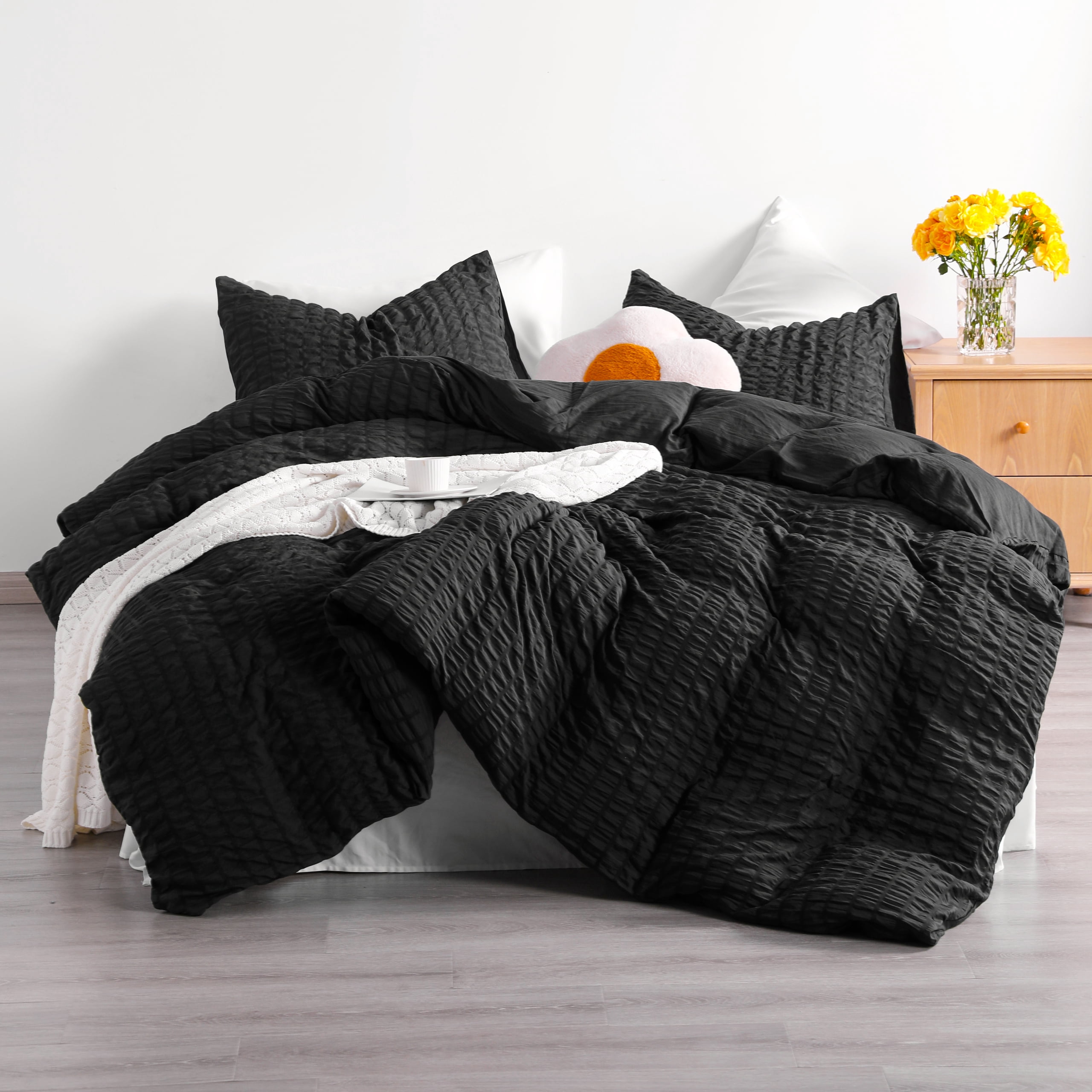 Flxxie Seersucker Textured Duvet Cover Pillow Sham Set with Corner Ties, Twin, Black, 2-Pieces