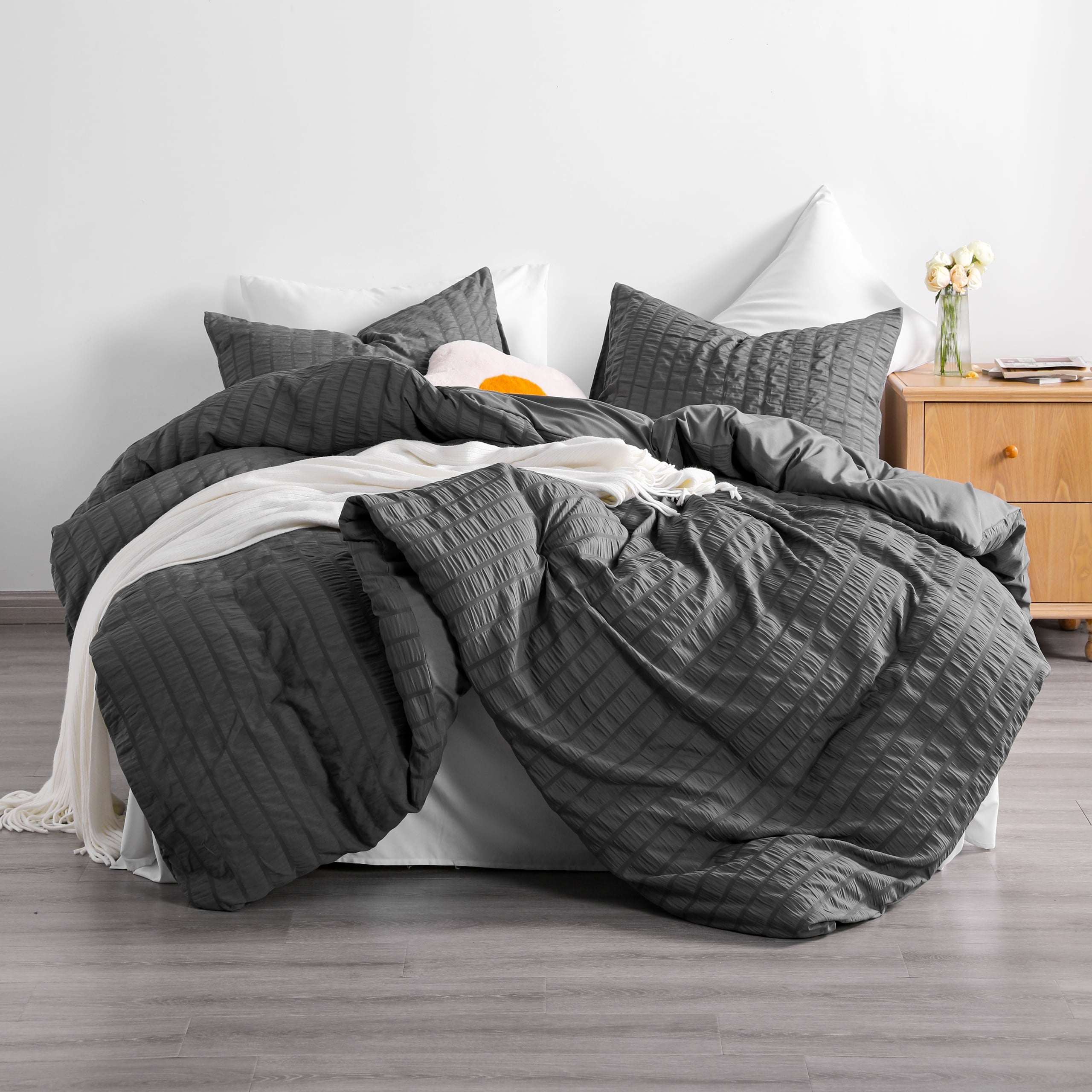 Flxxie Seersucker Textured Duvet Cover Pillow Sham Set with Corner Ties, Twin, Dark Gray, 2-Pieces