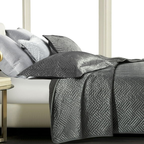 Flxxie Silk Satin Quilt Set, Geometric Pattern Bedspread Luxury Quilted Coverlet Set for All Seasons, Dark Gray, Twin, 68"x92, 2-Pieces (1 Quilt, 1 Pillow Sham)