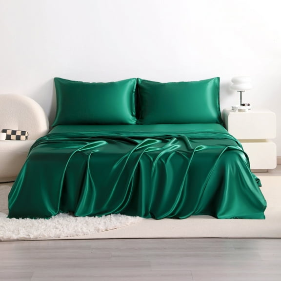 Flxxie 4 Pieces King Silky Satin Sheet Set for Hair and Skin, Includes Flat Sheet, Deep Pocket Fitted Sheet and Pillowcases, Dark Green