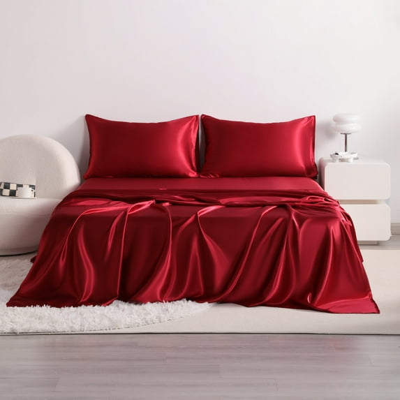 Flxxie 4 Pieces King Silky Satin Sheet Set for Hair and Skin, Includes Flat Sheet, Deep Pocket Fitted Sheet and Pillowcases, Wine Red