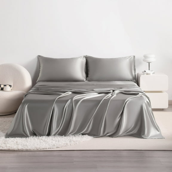 Flxxie 4 Pieces Queen Silky Satin Sheet Set for Hair and Skin, Includes Flat Sheet, Deep Pocket Fitted Sheet and Pillowcases, Grey