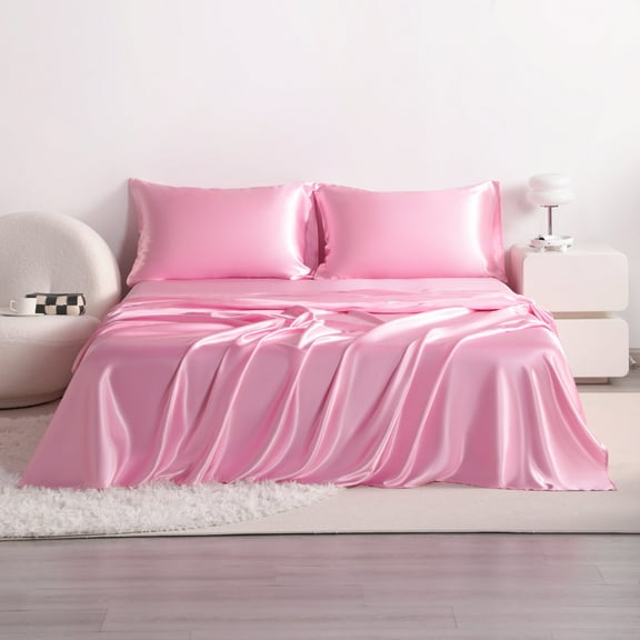Flxxie 4 Pieces Queen Silky Satin Sheet Set for Hair and Skin, Includes Flat Sheet, Deep Pocket Fitted Sheet and Pillowcases, Pink