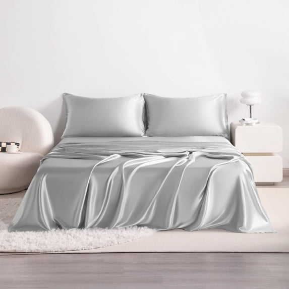 Flxxie 4 Pieces Queen Silky Satin Sheet Set for Hair and Skin, Includes Flat Sheet, Deep Pocket Fitted Sheet and Pillowcases, Silver Grey