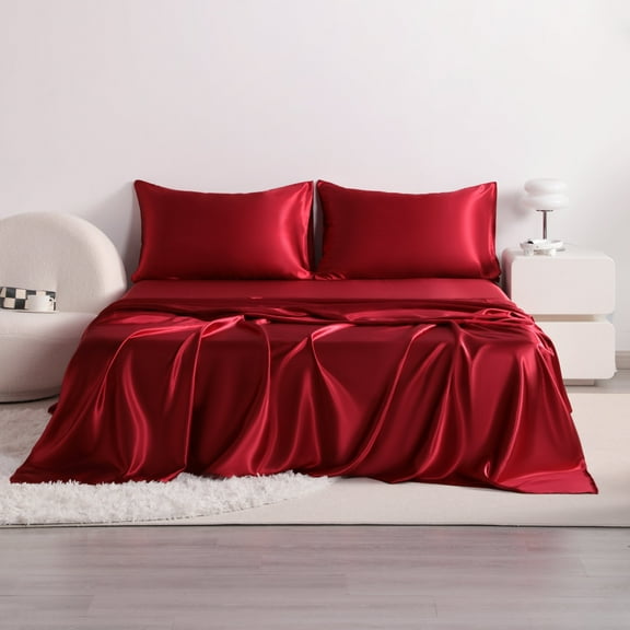 Flxxie 4 Pieces Queen Silky Satin Sheet Set for Hair and Skin, Includes Flat Sheet, Deep Pocket Fitted Sheet and Pillowcases, Wine Red