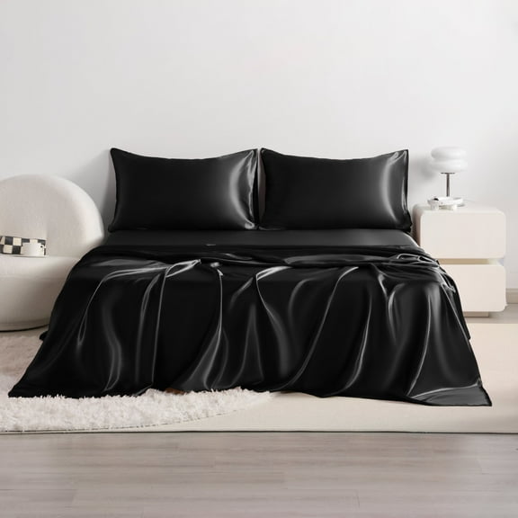 Flxxie 3 Pieces Twin Silky Satin Sheet Set for Hair and Skin, Includes Flat Sheet, Deep Pocket Fitted Sheet and Pillowcases, Black