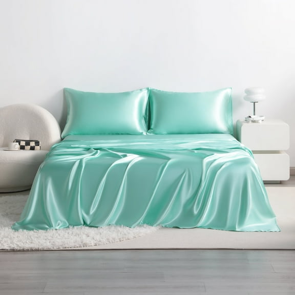 Flxxie 3 Pieces Twin Silky Satin Sheet Set for Hair and Skin, Includes Flat Sheet, Deep Pocket Fitted Sheet and Pillowcases, Light Blue