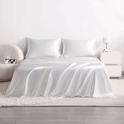 Flxxie 3 Pieces Twin Silky Satin Sheet Set for Hair and Skin, Includes Flat Sheet, Deep Pocket Fitted Sheet and Pillowcases, White