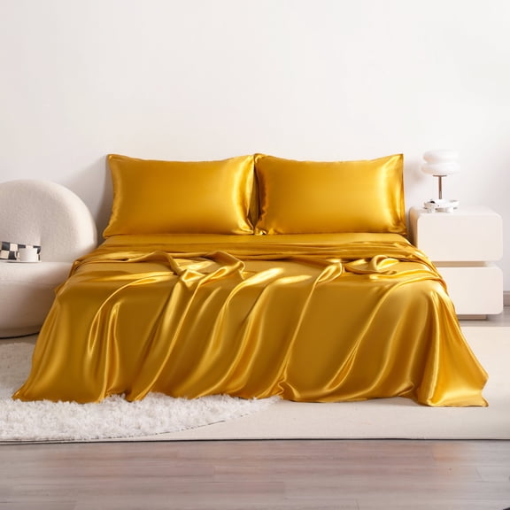 Flxxie 3 Pieces Twin-XL Silky Satin Sheet Set for Hair and Skin, Includes Flat Sheet, Deep Pocket Fitted Sheet and Pillowcases, Golden Brown