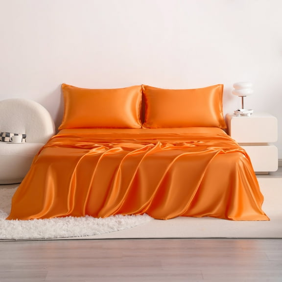 Flxxie 3 Pieces Twin-XL Silky Satin Sheet Set for Hair and Skin, Includes Flat Sheet, Deep Pocket Fitted Sheet and Pillowcases, Orange