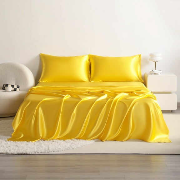 Flxxie 3 Pieces Twin-XL Silky Satin Sheet Set for Hair and Skin, Includes Flat Sheet, Deep Pocket Fitted Sheet and Pillowcases, Yellow