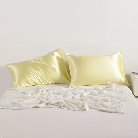 Flxxie Silky Satin Pillowcase Set of 2 Envelope Closure, Queen, 20" x 30", Light Yellow