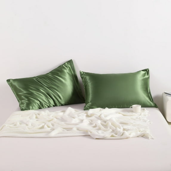 Flxxie Silky Satin Pillowcase Set of 2 Envelope Closure, Queen, 20" x 30", Olive Green