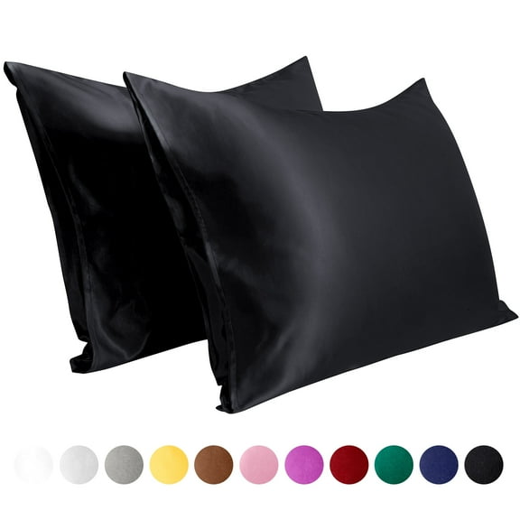 Flxxie Silky Satin Pillowcase Set of 2 Envelope Closure, Standard, 20" x 26", Black