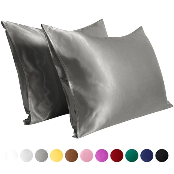 Flxxie Silky Satin Pillowcase Set of 2 Envelope Closure, Standard, 20" x 26", Gray