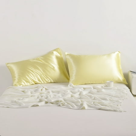 Flxxie Silky Satin Pillowcase Set of 2 Envelope Closure, Standard, 20" x 26", Light Yellow