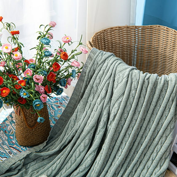 Flxxie Soft Cotton Cable Knitted Blanket Simple yet Quality Look, Twin 60" x 80", Light Gray