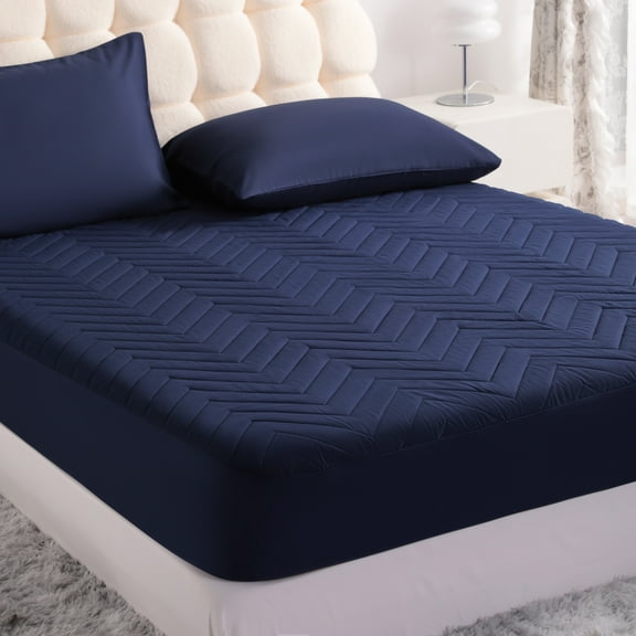 Flxxie Twin Size Breathable Quilted Waterproof Mattress Protector with Deep Pocket, Easy Care Fitted Mattress Pad Cover, 39" x 75", Navy Blue