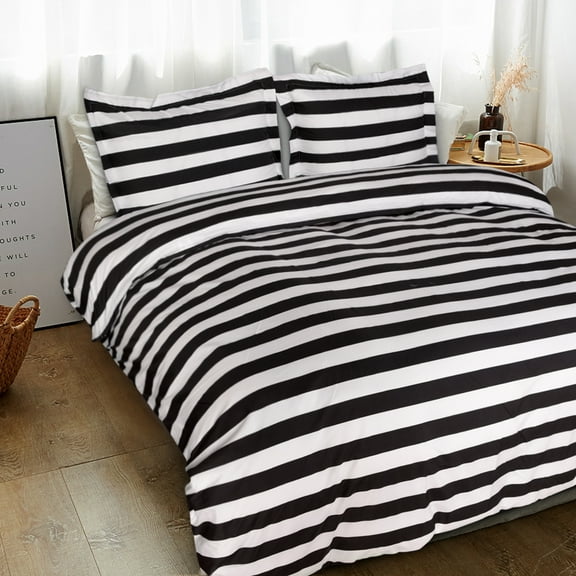 Flxxie Ultra Soft and Breathable Microfiber Duvet Cover Set with Hidden Zipper Closure and Corner Ties, Black and White Stripe, Queen, 90x90 inches, 3 Pieces