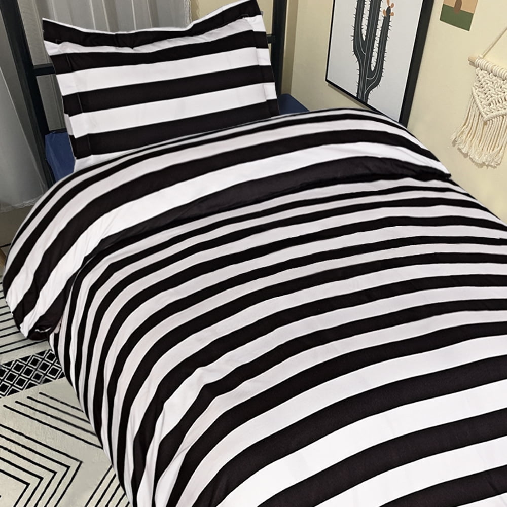 Flxxie Ultra Soft and Breathable Microfiber Duvet Cover Set with Hidden Zipper Closure and Corner Ties, Black and White Stripe, Twin, 68x90 inches, 2 Pieces