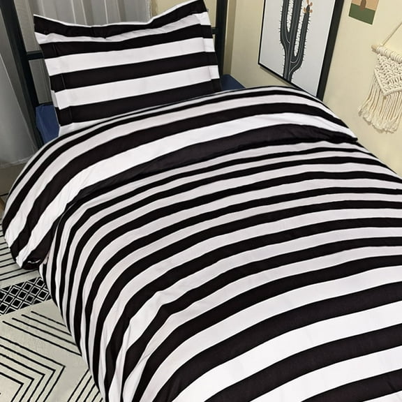 Flxxie Ultra Soft and Breathable Microfiber Duvet Cover Set with Hidden Zipper Closure and Corner Ties, Black and White Stripe, Twin, 68x90 inches, 2 Pieces