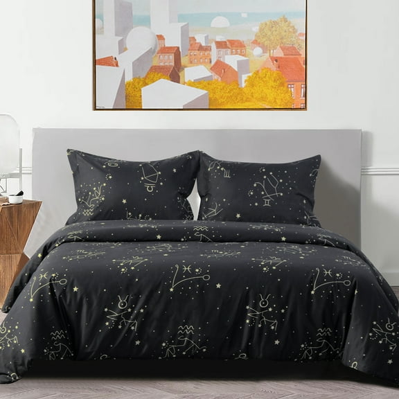 Flxxie Ultra Soft and Breathable Microfiber Duvet Cover Set with Hidden Zipper Closure and Corner Ties, Constellation Print, Queen, 90x90 inches, 3 Pieces