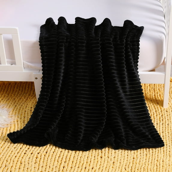 Flxxie Ultra Soft Warm Cozy Flannel Fluffy Fuzzy Toddler Blanket, Striped Design Baby Plush Blanket for Boys or Girls, 30" x 40", Black