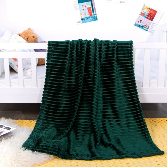 Flxxie Ultra Soft Warm Cozy Flannel Fluffy Fuzzy Toddler Blanket, Striped Design Baby Plush Blanket for Boys or Girls, 30" x 40", Dark Green