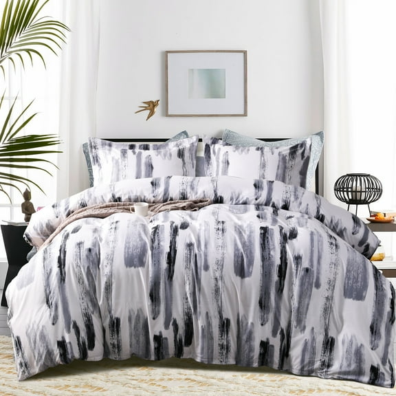 Flxxie Ultra Soft and Breathable Microfiber Duvet Cover Set with Hidden Zipper Closure and Corner Ties, Ink Print, Queen, 90x90 inches, 3 Pieces