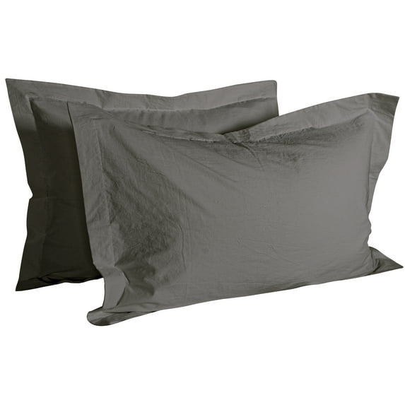 Flxxie Washed Cotton Pillow Sham Set of 2 Soft Handfeeling and Vintage Teature, Queen, Dark Gray