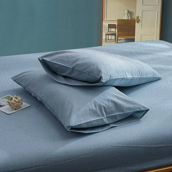 Flxxie Washed Cotton Pillowcases Set of 2, Breathable Yarn Dyed Solid Bed Pillow Cases with Envelope Closure, Queen, 20"x30", Denim Blue