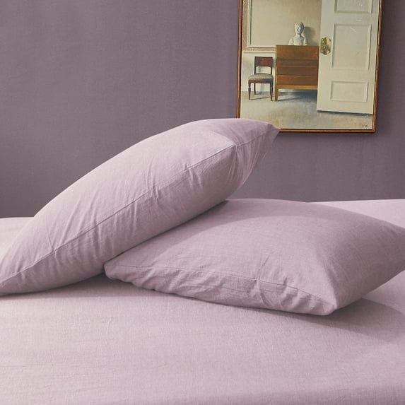 Flxxie Washed Cotton Pillowcases Set of 2, Breathable Yarn Dyed Solid Bed Pillow Cases with Envelope Closure, Queen, 20"x30", Light Purple