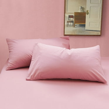 Flxxie Washed Cotton Pillowcases Set of 2, Breathable Yarn Dyed Solid Bed Pillow Cases with Envelope Closure, Queen, 20"x30", Pink