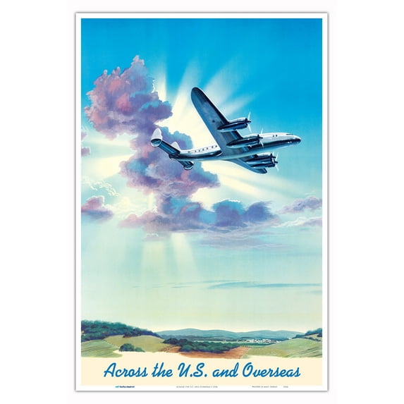 Fly Across the U.S. and Overseas - Vintage Airline Travel Poster c.1954 - Master Art Print (Unframed) 12in x 18in