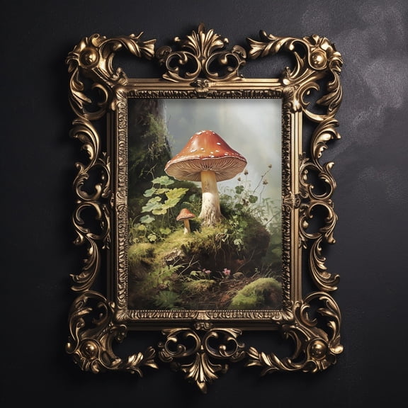 Fly Agaric Mushrooms Print, Woodland Mushroom In Deep Forest, Moody Moss Wall Print, Floral Dark Academia Print, ÑOttagecore Fall Decor UNFRAMED PAPER POSTER, Home Decor, Vintage Gift