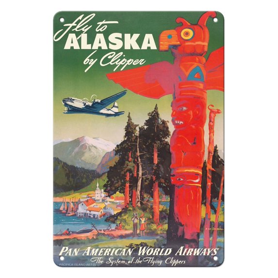 Fly to Alaska - by Clipper - Pan American World Airways - Native Totem Pole - Vintage Airline Travel Poster by Mark Von Arenburg c.1947 - 8 x 12 inch Vintage Metal Tin Sign